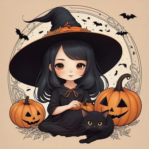 halloween witch,halloween illustration,witch's hat icon,witch,halloween black cat,halloween vector character,Illustration,Japanese style,Japanese Style 15