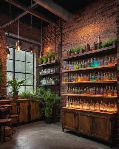 apothecary,herbology,perfumery,bellocq,apothecaries,soap shop,liquor bar,glassworks,botanica,potions,brandy shop,dispensary,distilleries,druggists,tinctures,glass containers,glassmakers,pharmacy,distillation,glassmaker,Illustration,American Style,American Style 01