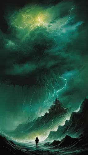 sea storm,nature's wrath,fantasy picture,strom,maelstrom,storm,thunderstorm,sci fiction illustration,the storm of the invasion,heroic fantasy,fantasy landscape,storm clouds,fantasy art,emerald sea,god of the sea,stormy sky,thunderclouds,dragon of earth,dead earth,doomsday,Illustration,Paper based,Paper Based 18