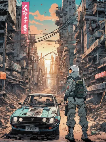 post-apocalyptic landscape,post apocalyptic,dystopia,post-apocalypse,dystopian,apocalyptic,cyberpunk,mazda rx-7,toyota ae85,porsche 944,wasteland,tokyo,fukushima,tokyo city,lost in war,gunkanjima,nissan 240sx,japan,apocalypse,shinjuku,Illustration,Japanese style,Japanese Style 04