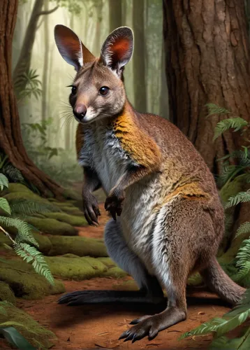 Create a suspenseful narrative about a rednecked wallaby lost in a dense forest, trying to find its way back home.,macropus rufogriseus,marsupial,macropus giganteus,cangaroo,leuconotopicus,rednecked w