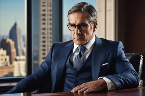 Frank Pitts, mature man, muscular build, serious facial expression, short brown hair, slight stubble, glasses with silver frames, formal wear, white dress shirt, black tie, dark blue suit, sitting pos