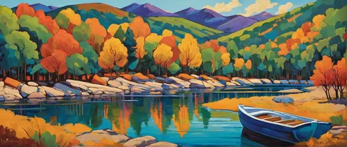 fall landscape,river landscape,autumn landscape,boat landscape,autumn mountains,mountain river,fall foliage,mountain scene,autumn idyll,high mountain lake,mountain landscape,mountain lake,vail,canoes,salt meadow landscape,painting technique,aspen,yukon territory,mountainous landscape,flowing creek,Conceptual Art,Oil color,Oil Color 25