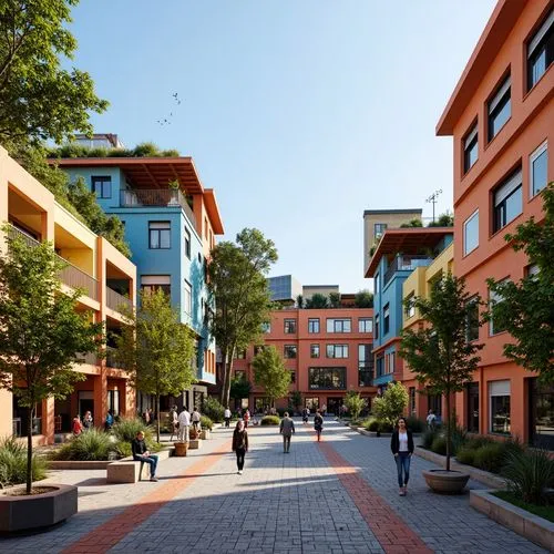 Vibrant community center, regional cultural identity, eclectic mix of modern and traditional architecture, bold colorful facades, dynamic angular lines, sustainable green roofs, solar panels, wind tur