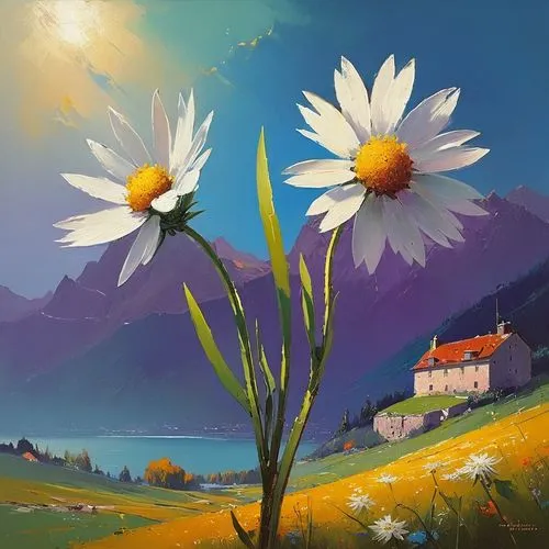 Edelweiss, comfort song, nostalgia from childhood, The Sound of Music,daisies,flower painting,daisy flowers,white daisies,blue daisies,sun daisies,marguerite daisy,marguerite,nestruev,australian daisi