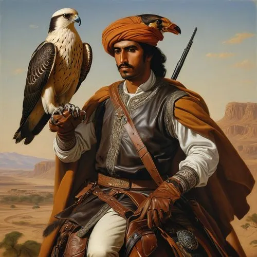 an arabic horseman wearing a brown leather glove with a hunting falcon on his hand,falconers,falconer,falconry,hayrettin,falconieri,hammami,qatada,falconar,conquistador,tuareg,falconidae,new zealand f