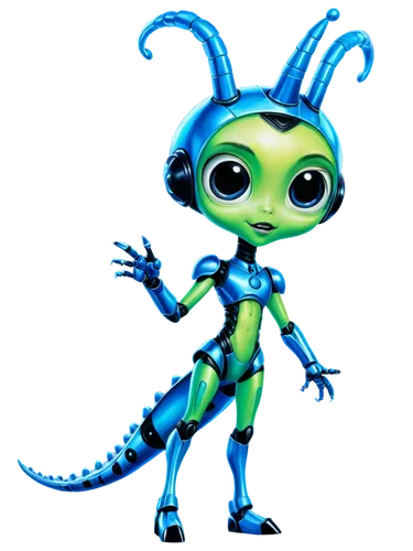 Alien creature, green skin, long neck, big black eyes, sharp teeth, slender body, robotic legs, glowing blue markings, metallic armor, antennae headband, holding strange device, posing heroically, low