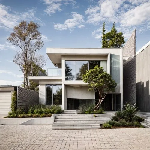 MODERN HOUSE, EXTERIOR , WITH a YARD FRONT, TREES IN BACK, BLUE SKY, Ivory WHITE WALL, LARGE GLASS WALL, WOOD CELLING, WARM LIGHT INTERIOR, ultra quality, film grain, Fujifilm XT3, sharp image, best q