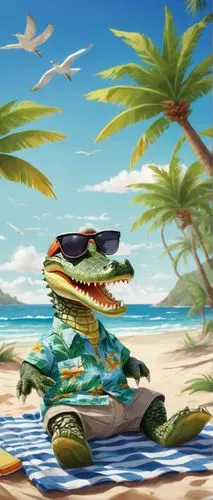 Anthropomorphic crocodile, green scaly skin, sharp teeth, yellow eyes, wearing sunglasses, Hawaiian shirt, khaki shorts, sneakers, sitting on a beach towel, relaxing near a palm tree, tropical island,