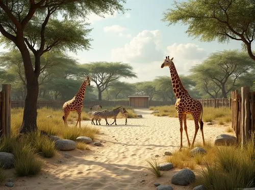 Wild savannah-inspired zoo exhibit, open plains with scattered acacia trees, tall grasses swaying gently in the breeze, wooden fences with rustic gates, natural stone pathways, sandy terrain, scattere