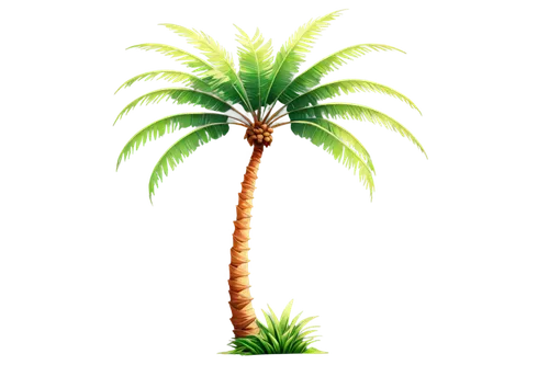 Palm tree, tropical, solo, free standing, curved trunk, long leaves, wavy edges, green color, realistic texture, soft sunlight, warm lighting, 3/4 composition, shallow depth of field, cinematic feelin