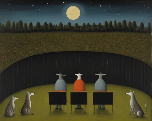 night scene,pere davids deer,fox and hare,musicians,olle gill,rabbits and hares,penguin parade,carol colman,a meeting,grant wood,three wise men,hares,whimsical animals,songbirds,rabbit family,birds singing,penguins,hare field,gnomes at table,folk art,Art,Artistic Painting,Artistic Painting 02