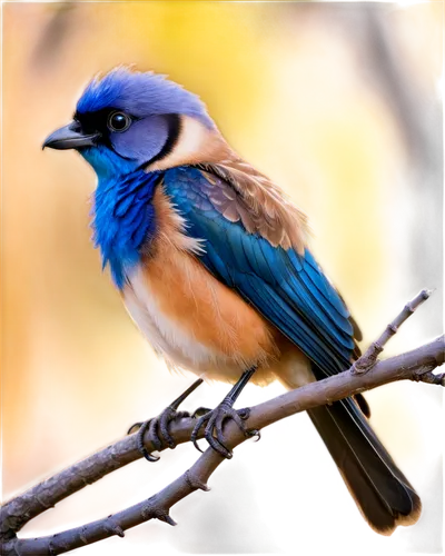 Twitter bird, blue feathers, small beak, round eyes, wings spread wide, perched on branch, white belly, black tail, morning sunlight, soft focus, shallow depth of field, warm color tone, cinematic lig