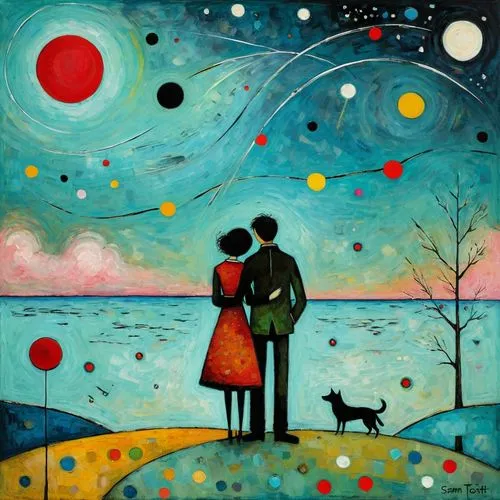 romantic scene,loving couple sunrise,vintage couple silhouette,skywatchers,samen,two people,Art,Artistic Painting,Artistic Painting 49