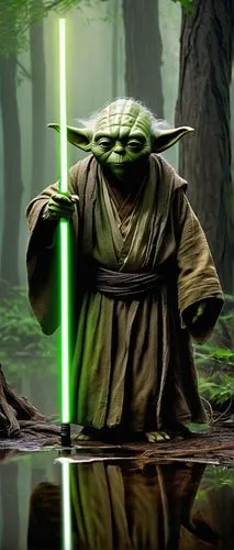 Wise Jedi Master Yoda, standing in a swampy environment, misty atmosphere, green lightsaber, worn brown robes, wispy white hair, aged wrinkled face, deep wise eyes, holding a cane, mysterious fog surr