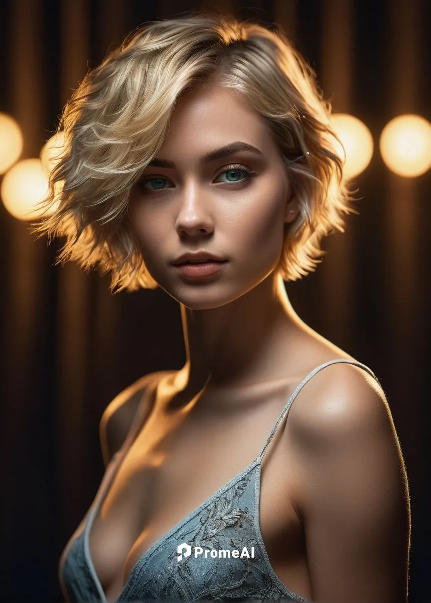 A stunning tomboy, short hair, blonde, photographed in a full-body portrait, capturing the delicate details of her body, with warm, golden lighting highlighting contours of her body, set against a dar