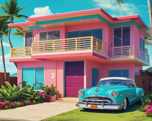 tropical house,miami,retro styled,florida home,beach house,bungalow,50's style,tropics,south beach,retro style,cabana,beachhouse,pink car,garage,motel,classic car and palm trees,seaside resort,retro car,beach hut,rose drive,Illustration,Vector,Vector 19