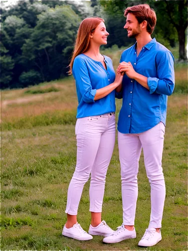 Two people, male and female, cooperation pose, holding hands, looking at each other, smiling faces, gentle eyes, casual clothing, blue shirt, white pants, sneakers, standing, natural scenery, green gr