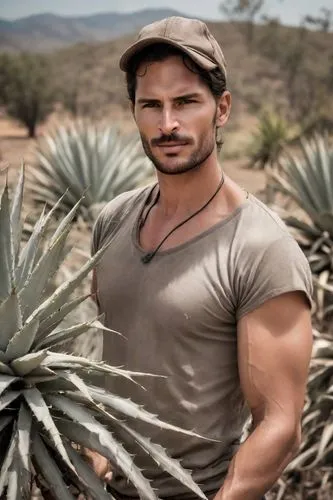 man working on a ranch in Jalisco, Mexico. Agave harvester. Cowboy style. Muscle body ,the man is holding a potted plant in front of his,facinelli,alcide,desierto,maslow,shahid,piolo,Photography,Cinem