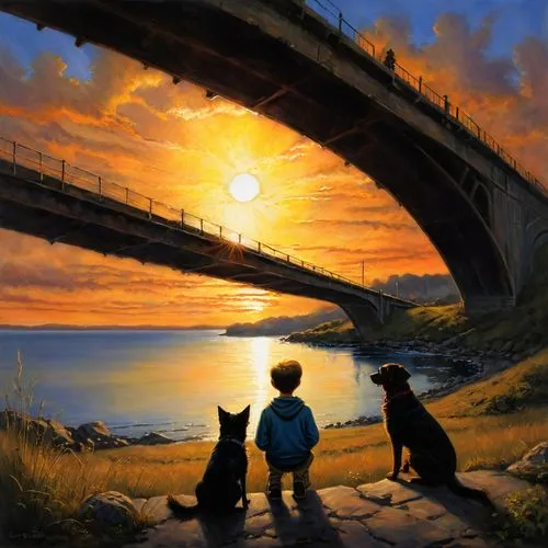 boy and dog,rainbow bridge,fishermen,ghibli,kittelsen,tintin,Illustration,Realistic Fantasy,Realistic Fantasy 32