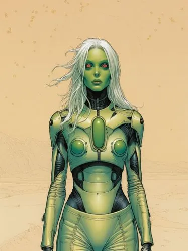 Technical drawing: An alien invader robot in human-like form.,a character in the comic series she is a white haired woman,gamora,namorita,mesmero,dreadstar,lilandra,skrull,Illustration,Vector,Vector 0