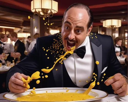 In a comedy sketch, a clumsy character accidentally spills an entire jar of mustard seeds all over a fancy restaurant.,creamed corn,zabaione,béarnaise sauce,waiter,macaroni,pasta,fondue,custard,orzo,r