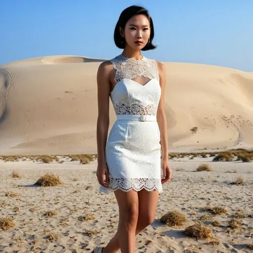 jinglei,girl on the dune,sonatine,desert rose,white winter dress,sand seamless,mongolian girl,inner mongolian beauty,girl in white dress,the gobi desert,desert background,xiaoqing,yifei,white sand,qixi,cheongsam,asian woman,zilin,huyen,vietnamese woman