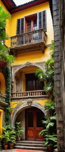 Spanish colonial architecture, Philippines, Intramuros, Manila, ancestral house, wooden doors, carved stone walls, red-tiled roofs, ornate balconies, intricately designed windows, wooden flooring, vin