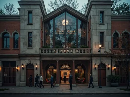 Rustic warehouse facade, worn brick walls, ornate stone carvings, pointed arch windows, grand entrance gates, distressed metal accents, industrial-era aesthetics, dramatic verticality, intricate trace