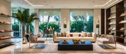 Modern interior design store, Los Angeles, upscale boutique, luxurious decor, sleek wooden shelves, glass tables, velvet sofas, artistic sculptures, elegant chandeliers, cream-colored walls, polished 