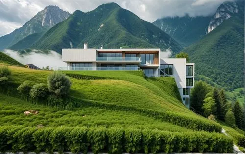 modern minimalist high-end architecture.Exterior. A landscape with green mountains in the background,a green hillside house sitting on top of a lush green field,house in mountains,house in the mountai