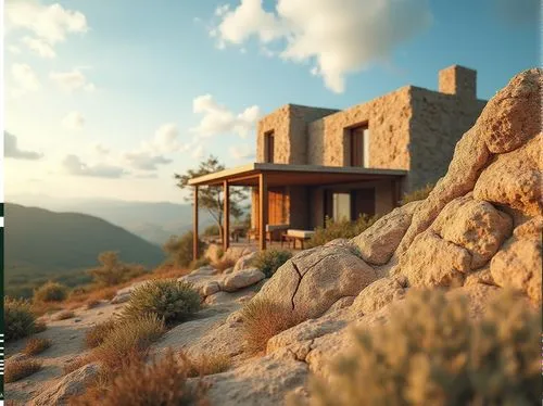 house in the mountains,cryengine,house in mountains,3d render,render,3d rendering,dunes house,cliffside,renders,mountain settlement,cesar tower,the cabin in the mountains,3d rendered,rhyolite,cubic house,stone house,roof landscape,gorakh,lycian,background with stones,Photography,General,Realistic