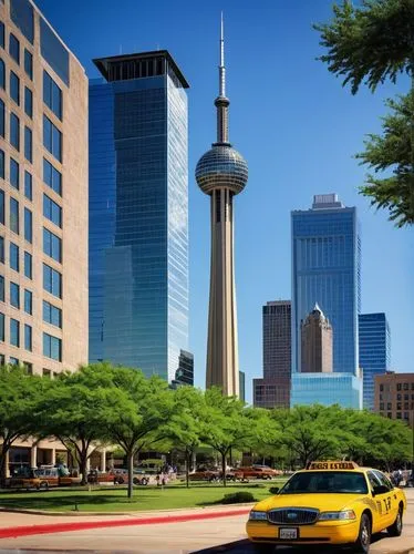 Dallas cityscape, panoramic view, sunny day, clear blue sky, skyscrapers, modern architecture, glass windows, steel frames, busy streets, yellow taxis, people walking in suits, cowboy hat, boots, Texa