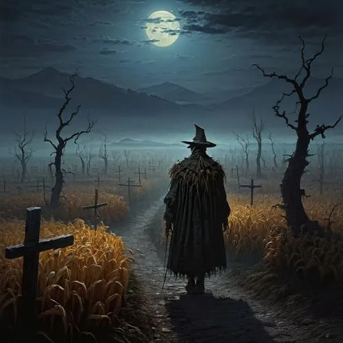 pilgrim,scarecrow,halloween illustration,halloween poster,halloween background,scarecrows,burial ground,necropolis,halloween scene,sci fiction illustration,grim reaper,halloween and horror,graves,hag,