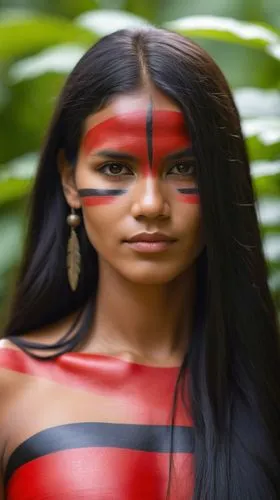  A beautiful female Indian in red and black paint posing,indigenous culture,amerindian,Photography,General,Realistic