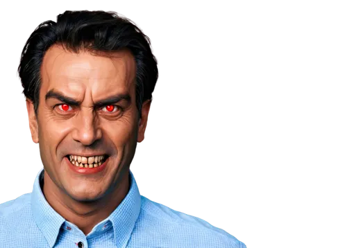 Scary human face, male, adult, pale skin, wrinkles, dark circles under eyes, messy brown hair, sharp jawline, sinister grin, glowing red eyes, bloodshot, fangs, demonic features, high-contrast lightin