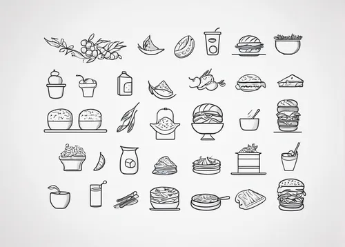 Illustrate a set of food-related icons for The Noun Project,food icons,food line art,set of icons,foods,grilled food sketches,food collage,drink icons,food ingredients,bread ingredients,fruits icons,i