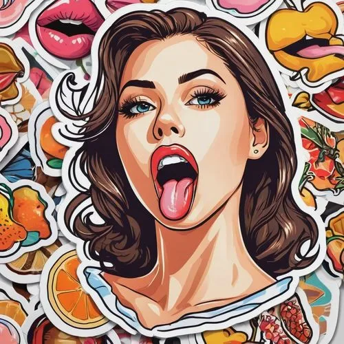 an illustration of a woman sticking out her tongue,diet icon,food icons,cool pop art,pop art style,woman eating apple,popart,Unique,Design,Sticker