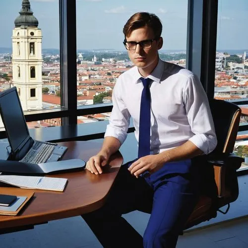 Male, architect, cad technician, 30s, short brown hair, black glasses, white shirt, dark blue tie, formal trousers, sitting, desk, computer, mouse, keyboard, papers, pens, pencils, ruler, urban office