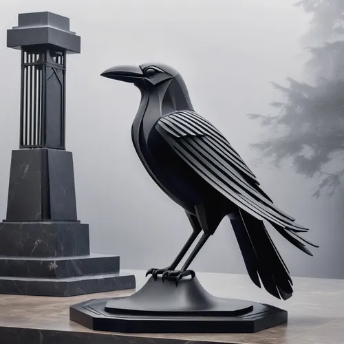 Create a mysterious raven sculpture surrounded by fog.,raven sculpture,3d crow,corvidae,corvus,raven bird,raven rook,calling raven,corvid,crows bird,murder of crows,king of the ravens,crows,ravens,bla