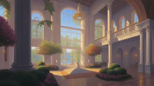 a rendering shows an elaborate room with large windows,dandelion hall,ballroom,conservatory,hall of the fallen,symphonia,sylvania,Conceptual Art,Daily,Daily 27