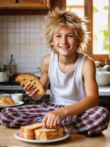 Leo Toast, cute Shota, blond hair, messy bedhead, sleepy eyes, gentle smile, white tank top, plaid pajama pants, holding a toasted bread with butter, sitting on a cozy wooden table, warm morning sunli