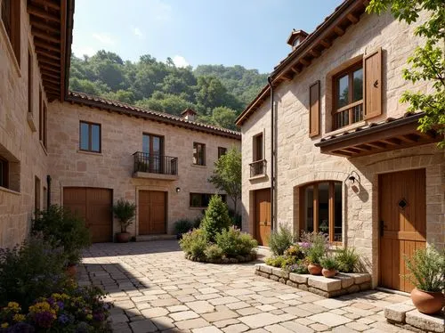 Regionalism style buildings, earthy tones, natural stone walls, rustic wooden doors, sloping roofs, curved lines, ornate decorations, vibrant color accents, traditional architectural elements, pitched