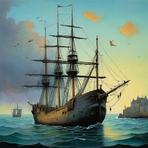 whaleship,barquentine,merchantman,galleon,caravel,shipkowski,Illustration,Realistic Fantasy,Realistic Fantasy 05