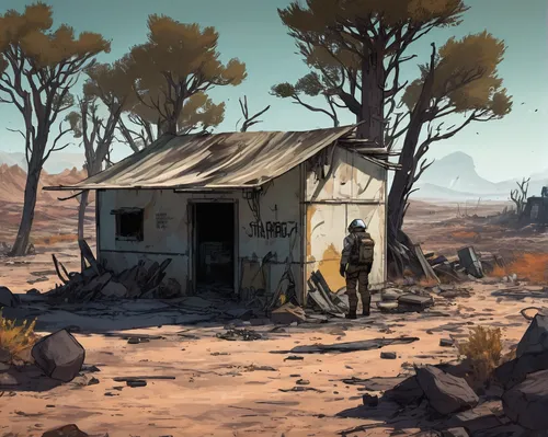 wasteland,fallout shelter,game illustration,human settlement,nomads,arid land,post-apocalyptic landscape,barren,settlement,road forgotten,lost place,fallout4,concept art,post apocalyptic,research station,lostplace,desolate,the desert,rural,farmstead,Art,Artistic Painting,Artistic Painting 42