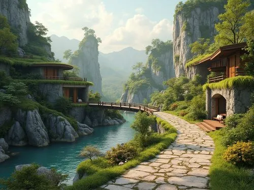 fantasy landscape,rivendell,home landscape,house in mountains,mountain settlement,house in the mountains,tigers nest,asian architecture,landscape background,seclude,teahouse,alpine village,mountain village,world digital painting,hiking path,shaoming,fantasy picture,karst landscape,idyllic,riftwar,Photography,General,Realistic