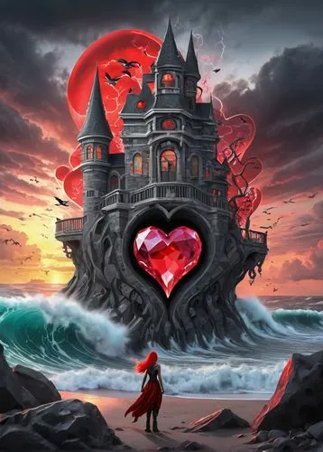 ((a grunje woman rock in a building grey and white, lots of red heart, surf big wave spiral crystal fibonaci black and white)). Sunset and lightning with lots of birds,.This transformation is captured