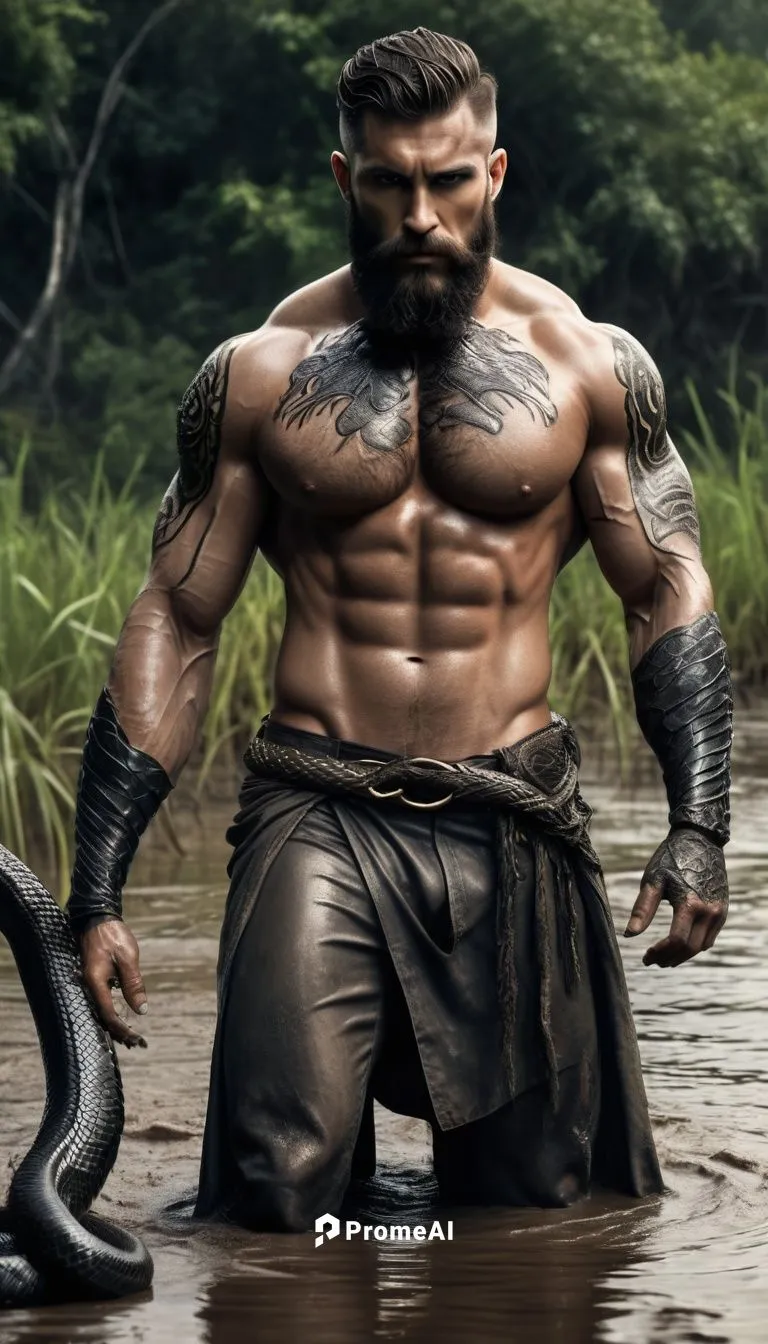 A gorgeous dark bearded 30 years old god with great powerful muscles sits in the swamp with full of anacondas, his body is partially covered by mud. Snakes wrapped in his legs hisses His wet, tight, s