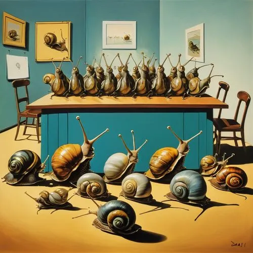 A group of snails gathered in a conference room, caricature art,beetles,snails,horseshoe crabs,cockroaches,limulus,oecomys,molluscs,micromolluscs,snail shells,maccabaeus,praeger,cockles,mollusks,mollu