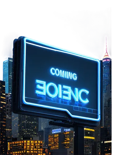 Coming soon image, futuristic billboard, neon lights, cityscape at night, skyscraper background, countdown timer, glowing blue numbers, metallic frame, glass surface, 3/4 composition, low-angle shot, 